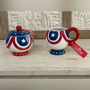 Johanna Parker sugar and creamer set - red white and blue!  Brand new
